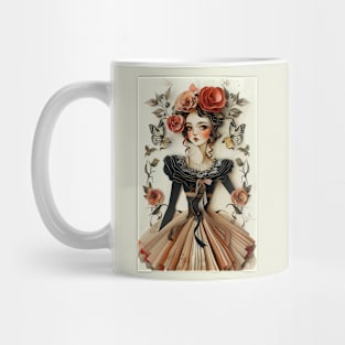 Cute Paper Doll With Fan Victorian Lace Dress Art Mug